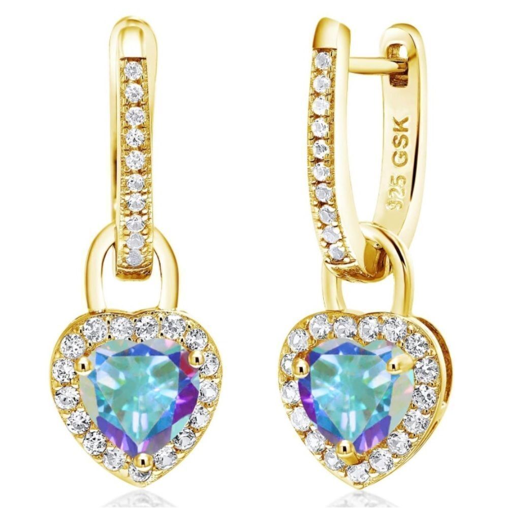 18K Yellow Gold 925 2.50 Cttw Mystic Topaz and White Sapphire Heart Earrings